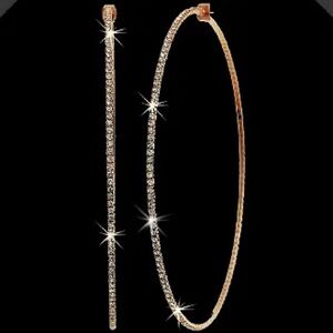 2.5" Long BLING Pave Set SPARKLE Crystal Hoop Earrings Gold